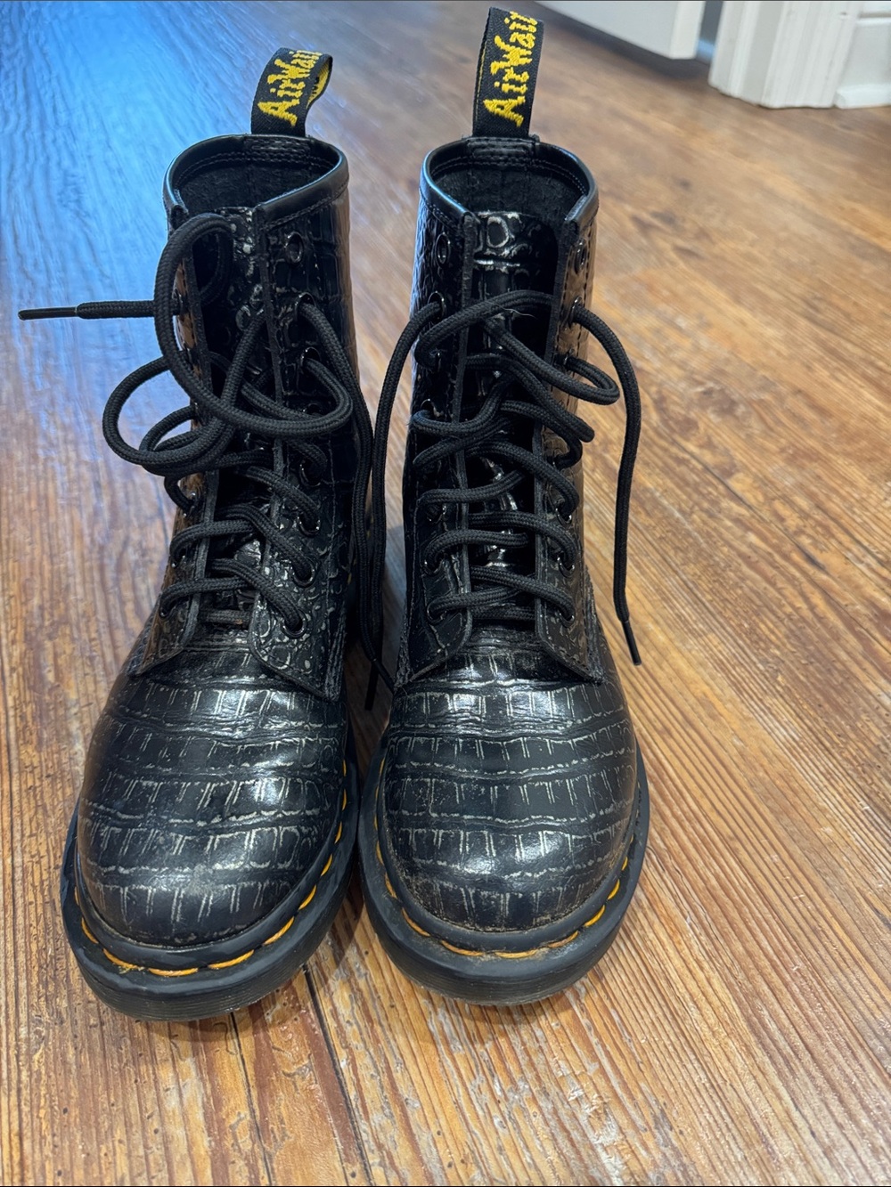 Dr. Martens Black Croc-Embossed Lace-Up Boots with Yellow Stitching